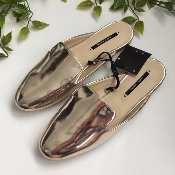 Zara Shoes - Zara Gold Mules Slide On
